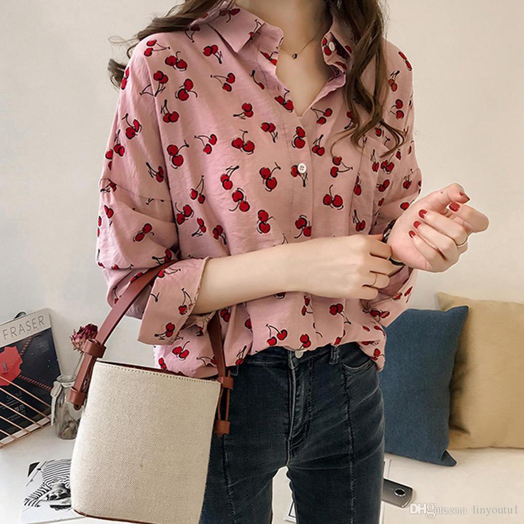2020 Elegant Lapel Blouse Women Tops Sweet Cherry Print Shirts Long Sleeve Loose Spring Summer Ladies Office Shirt Plus Size