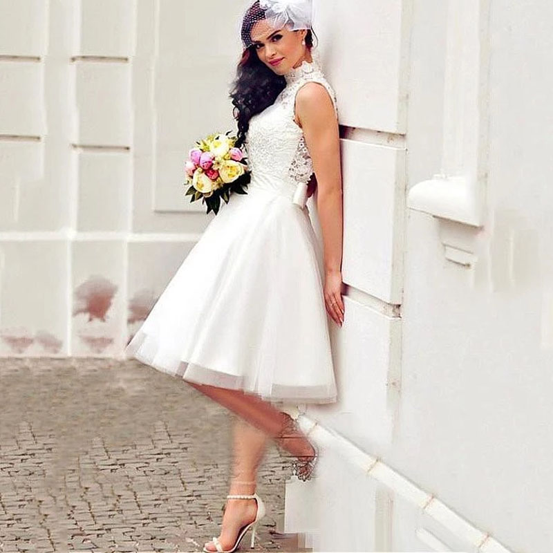Knee Length Dress A e White High Neck Appliqued Lace Bride Dresses Boho Backless Short Wedding Gowns trouwjurken