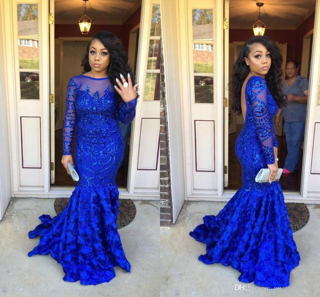 2019 Royal Blue Prom Dresses Jewel Neck Lace Appliqued Sweep Train Long Sleeve Evening Gowns Sexy Backless African Formal Party Dress