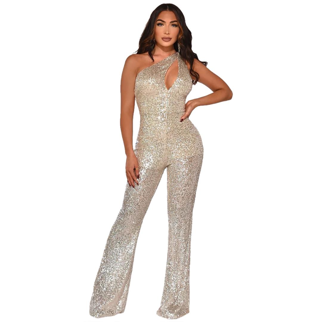 MEQ403 Hot Sale Womens Sequin Cloth Hollow Slant Shoulder Sexy Wide Leg Nightclub Jumpsuit Women Party Street Casual