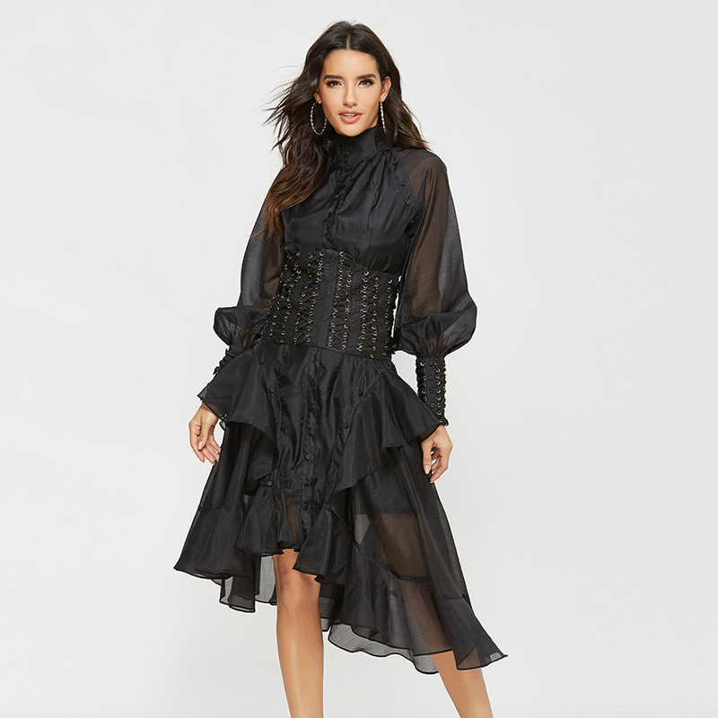 AEL Palazzo Asymmetrical Chiffon Elegant Women' Dress Lantern Sleeve Ruffles With Cummerbund Female Vintage Dress Spring 2020, Black
AEL Palazzo Asymmetrical Chiffon Elegant Women' Dress Lantern Sleeve Ruffles With Cummerbund Female Vintage Dress Spring 2020, Black