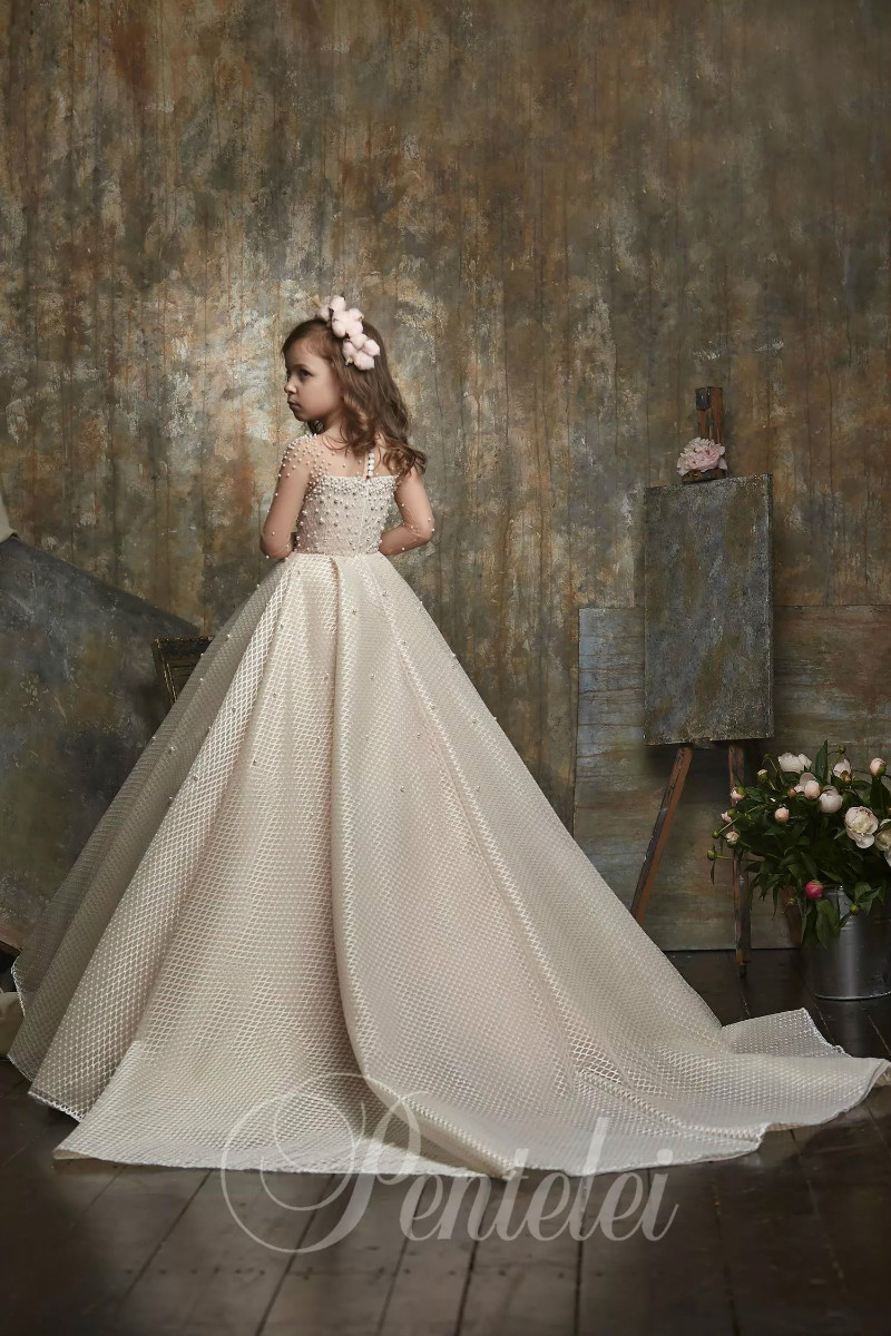 Dreamly A Line Flower Girl Dresses Jewel Long Sleeve Lace Applique Pearls Pageant Dress Floor Length Girl's Birthday Part 0508