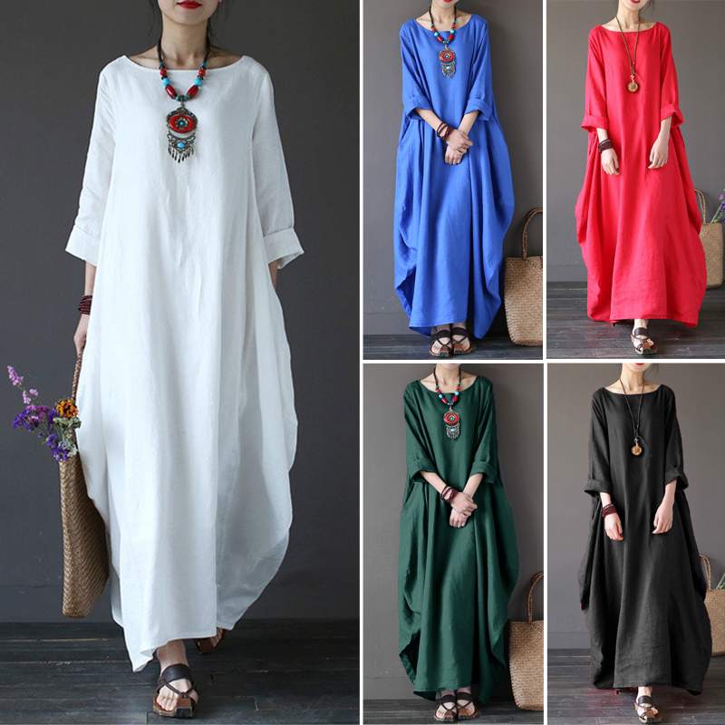 Casual Dresses ZANZEA 2021 Women's Sundress Vintage Linen Long Dress Female Beach Party Maxi Batwing Sleeve Baggy Vestidos Kaftan Robe1