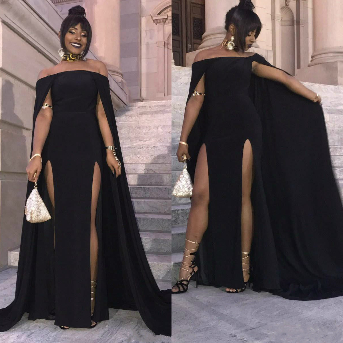 sexy black long prom dresses with cape high side split off the shoulder elegant african party women mermaid evening dress
