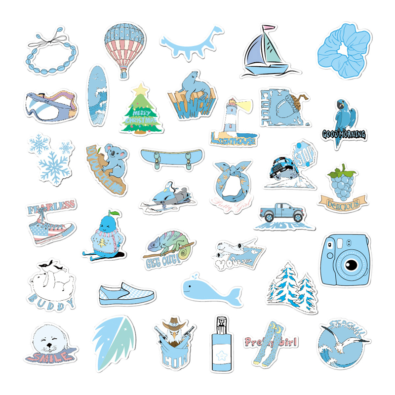 Cartoon Summer Blue Kawaii Ocean Steamship Fire Ballon Stickers Fresh Stickers For DIY Luggage Laptop Refrigerator Motorcycle Car
