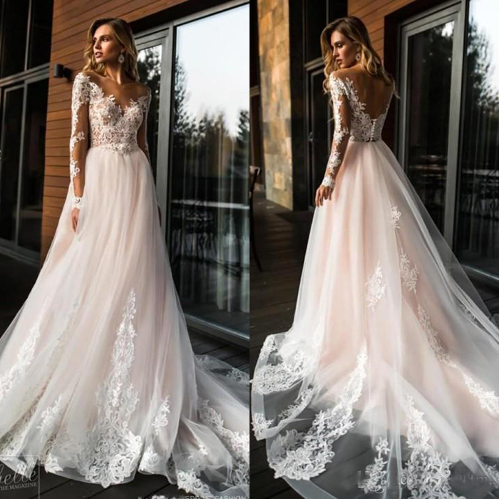 Gorgeous Sheer Long Sleeves Wedding Dresses 2019 A Line Tulle Lace Wedding Bridal Gowns Summer Beach Cheap Custom Made