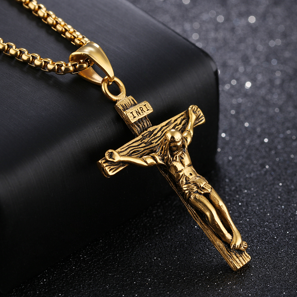 High Quality Jesus Cross Pendant Necklace Gold/Black Gun Plated Stainless Steel Fashion Religious Jewelry for Women Men Faith Necklace
