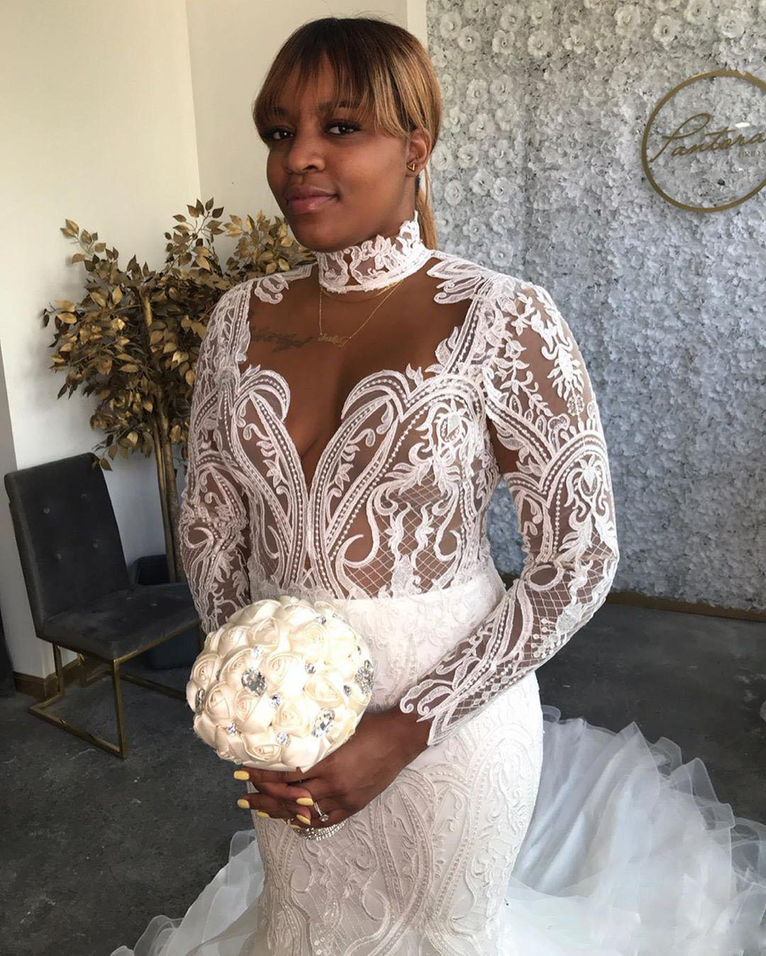 Fabulou Mermaid Lace Ackle Wedding Dree High Neck Long Sleeve Ridal Gown Plu Size Sweep Train Tulle Tiered Robe