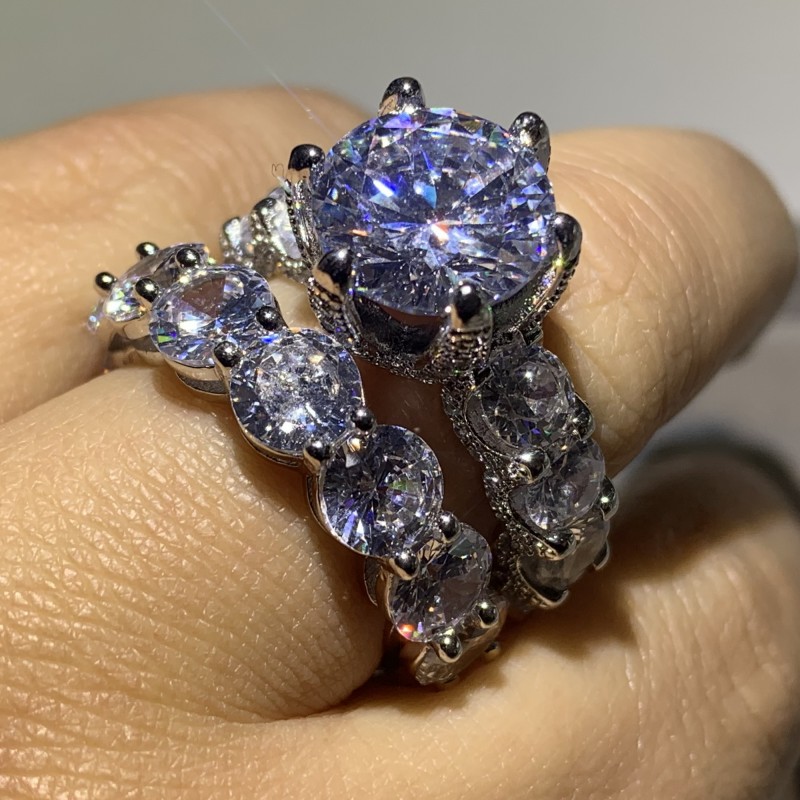 Hip Hop Luxury Jewelry 925 Sterling Silver Round Cut Big White Topaz CZ Diamond SONA Couple Rings Women Wedding Bridal Ring Set For Lover