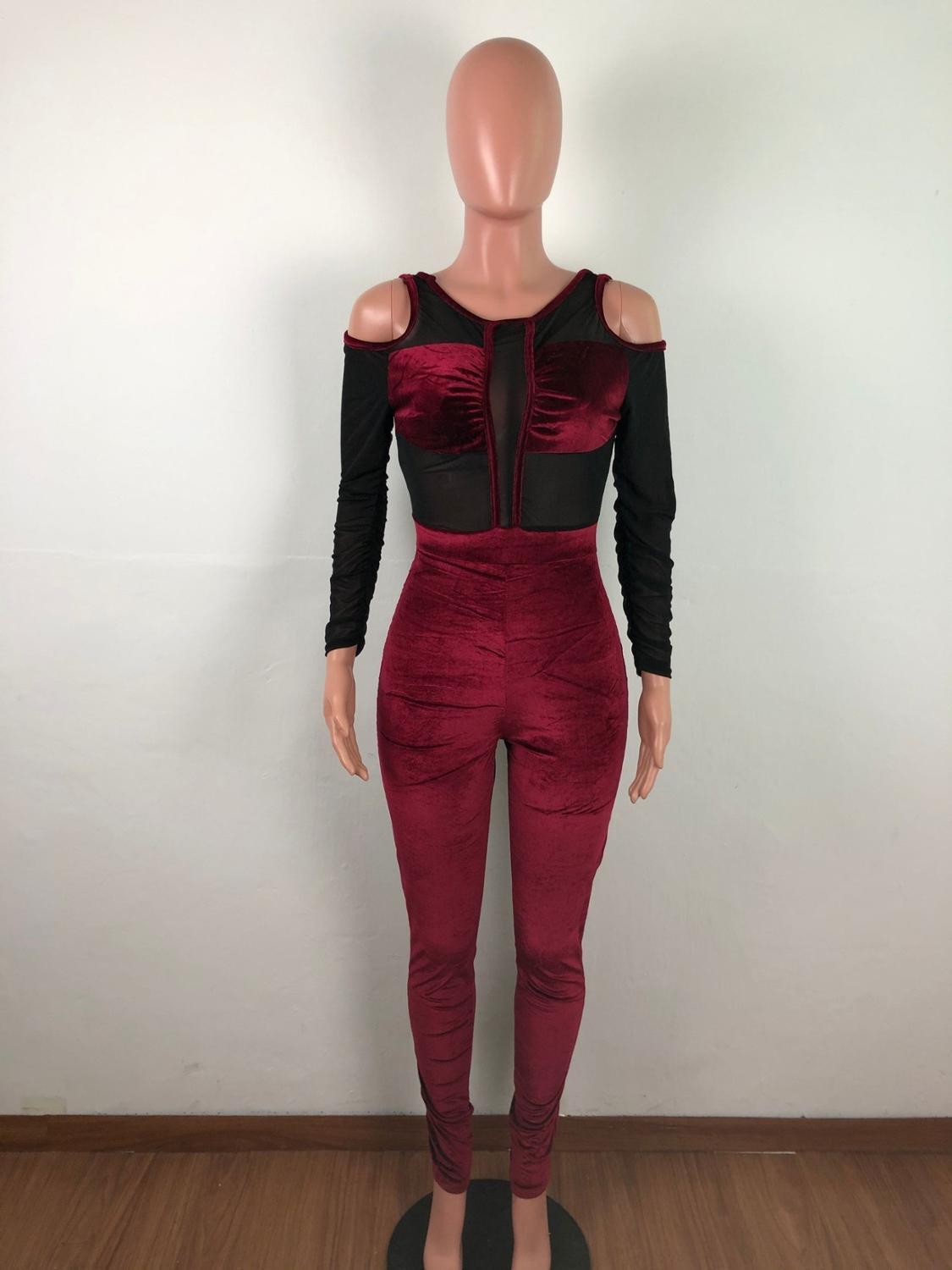 Adogirl Sheer Mesh Patchwork Velvet Jumpsuit Women Sexy Cold Shoulder Long Sleeve Skinny Romper Night Club Overalls Bodysuits T200107
