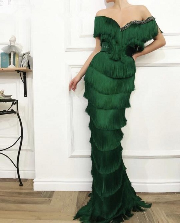 Wavy Emerald Green Tassel Evening Dresses Long Crystal Off the Shoulder Elegant Women arabic Dubai Formal Mermaid Prom Dress Party Wear