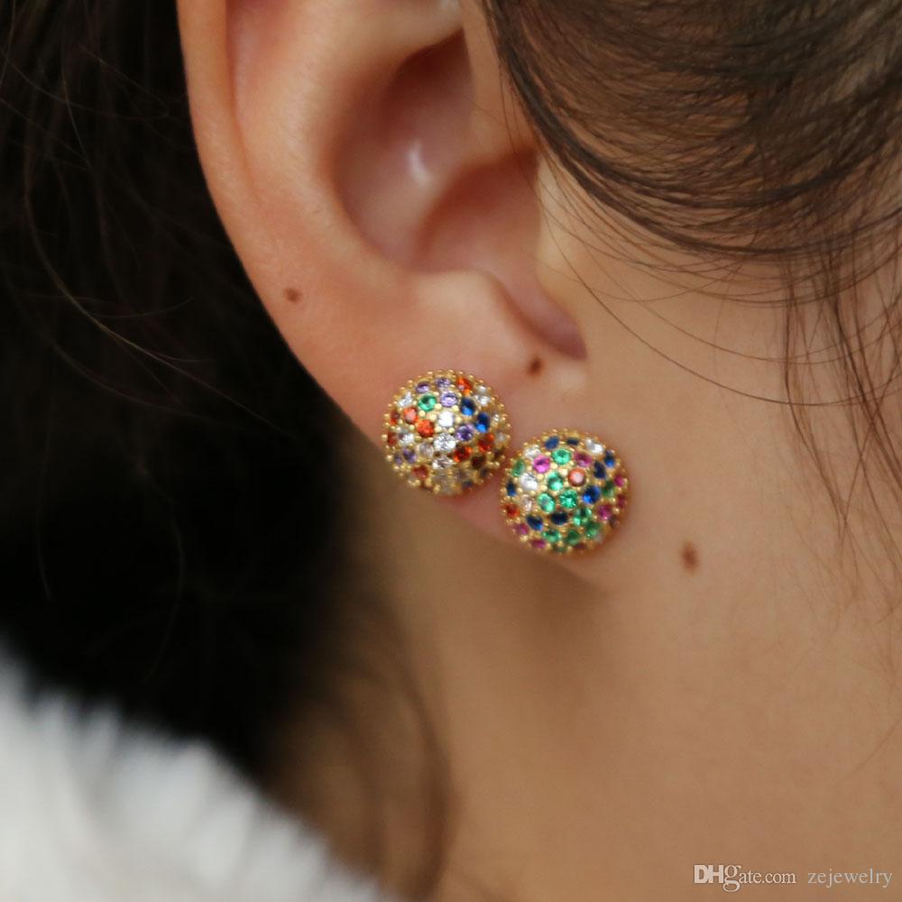 geometric ball round stud earring 2019 women fine 925 sterling silver colorful rainbow cz paved classic simple fashion jewelry