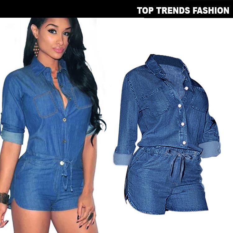 2020 Woman Summer Playsuits Shorts Short Casual Jumpsuits Jeans Coverall Women Blue Denim Overalls Shirt Rompers