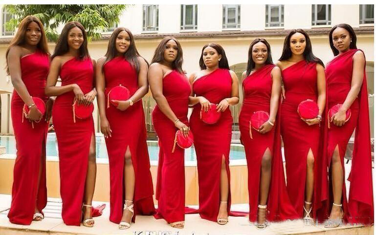 Cheap Red Mermaid Bridesmaid Dresses One Shoulder Side Split Long Wedding Guest Dress Formal Maid of Honor Gowns