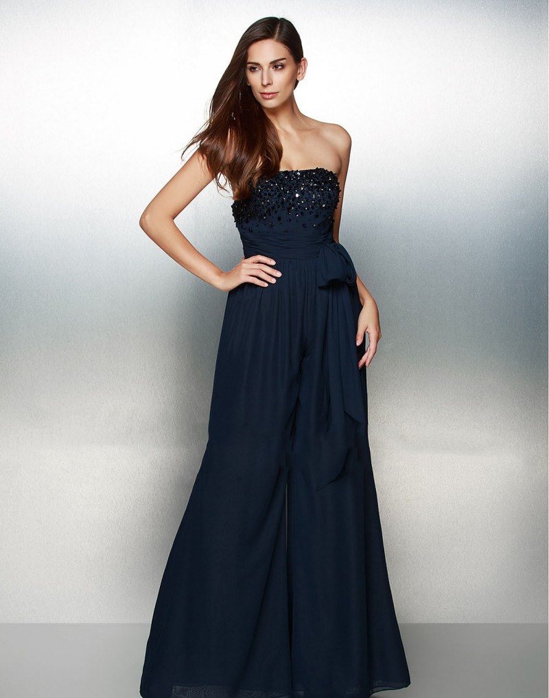 Navy Blue Strapless Prom Dresses Jumpsuits Beads Chiffon Pants Ankle Length Evening Gowns Plus Size robes de soirée Party Dress