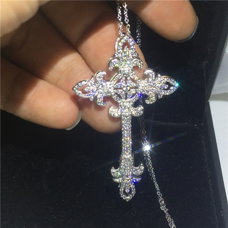 Vecalon Flower Long Cross pendant 925 Sterling silver 5A Cz Stone cross Pendant necklace for Women Men Party Wedding Jewelry