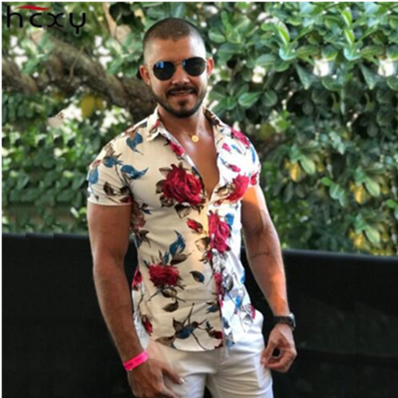 

summer men white black shirt turndown collar short sleeve single breasted button blouse floral print -XXXL size clothes male