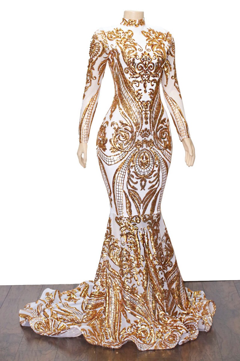 2020 vestidos de fiesta Prom Dresses Long Sleeve High Neck Gold Sequined White Satin Lace African Women Party Dress