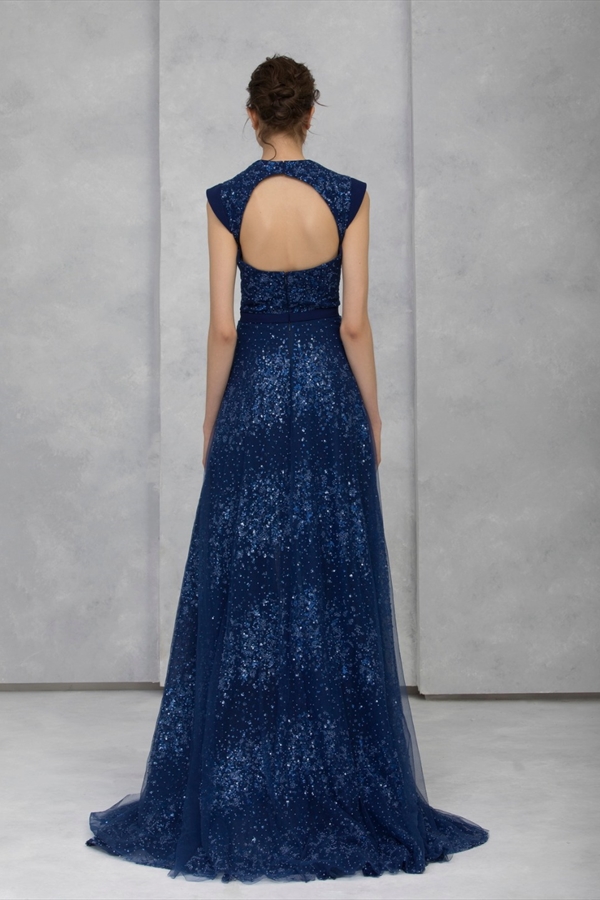 navy evening jumpsuit with detachable skirt lace sequined beaded high collar prom dress tony ward formal party gowns pants suit