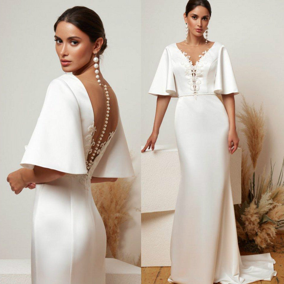 Elegant Satin Mermaid Wedding Dresses Sheer V Neck Short Sleeve Bridal Gowns Beads Backless Sweep Train Slim Wedding Dress