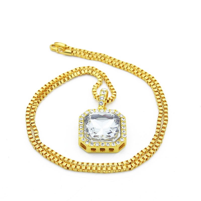 Fashion- Square Ruby Pendant Necklace Gold Box Chain For Men New Fashion Hip Hop Necklaces Jewelry