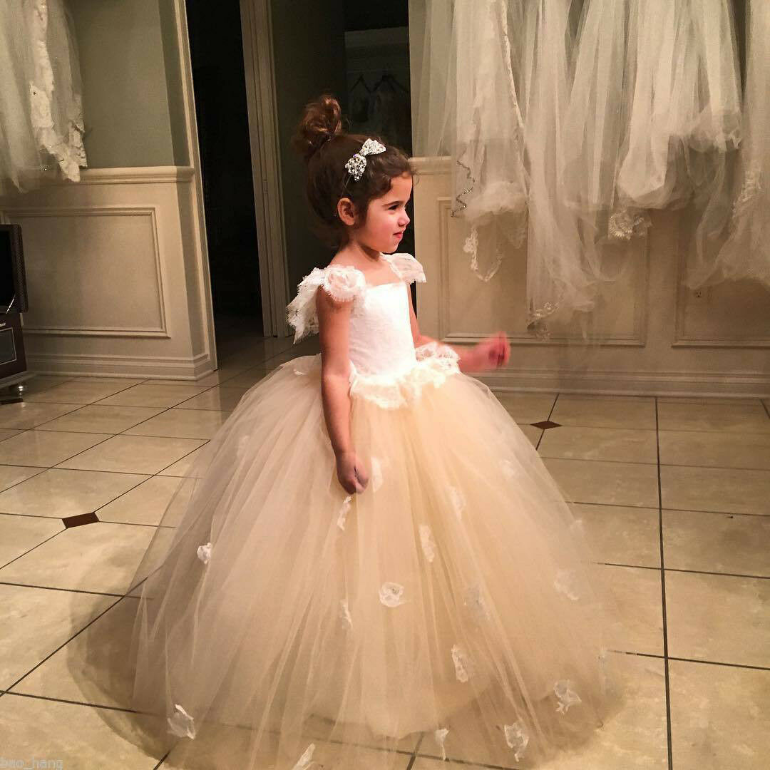 Princess Ball Gown Flower Girls Dresses Square Short Sleeve Appliques Tulle Girl Pageant Birthday Gowns Kids Formal Dress For Wedding