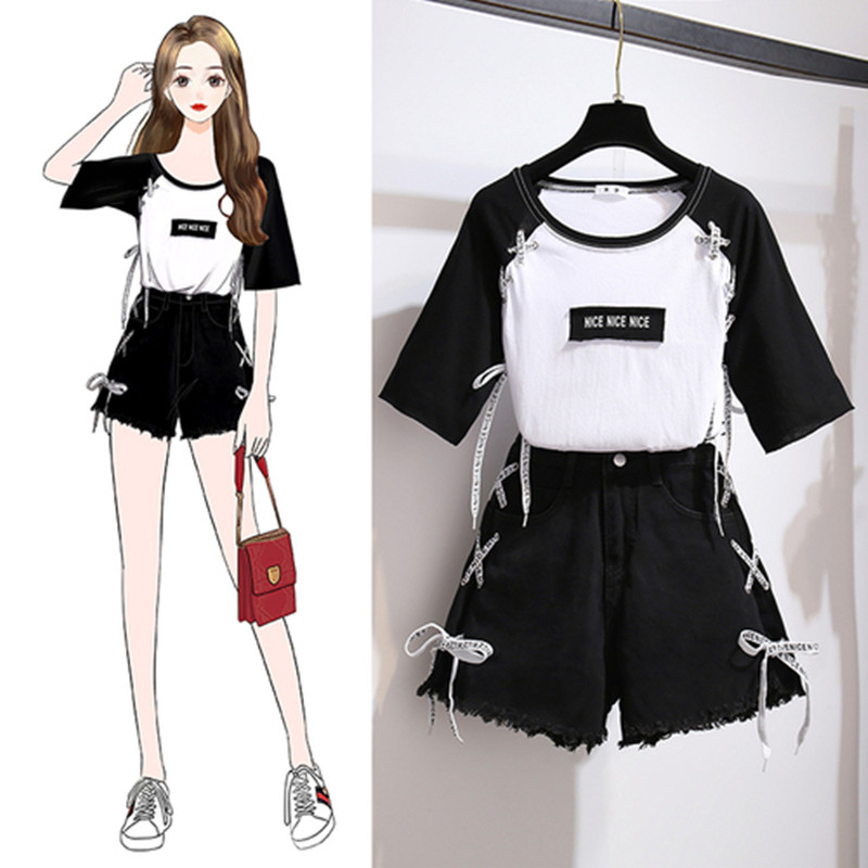 Summer New Tracksuits Women Two piece Color Patchwork Letter Tshirt & Cross tie Letter Hole Tassel Denim Shorts Student Sets, Only tshirt
Summer New Tracksuits Women Two piece Color Patchwork Letter Tshirt & Cross tie Letter Hole Tassel Denim Shorts Student Sets, Only tshirt