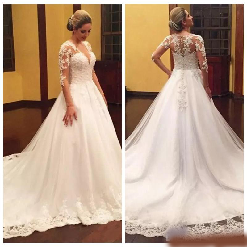 2020 Vintage V-Neck Lace Appliques A-Line Wedding Dresses Modest Custom Long Chapel Train Bridal Gowns Women Vestidos De Marriage Plus Size