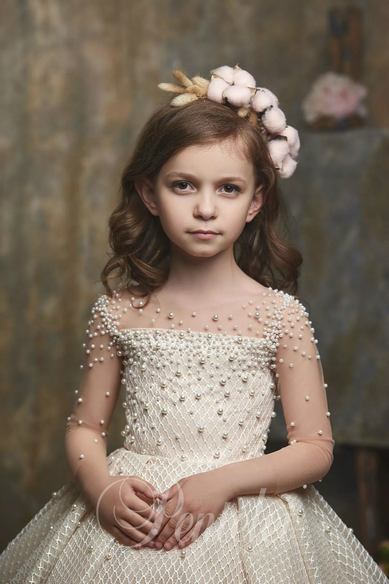 Dreamly A Line Flower Girl Dresses Jewel Long Sleeve Lace Applique Pearls Pageant Dress Floor Length Girl's Birthday Part 0508