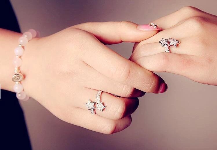New Double Five-pointed star Fashion Jewelry 925 Sterling Silver&Gold Fill Pave White Sapphire CZ Diamond Women Wedding Adjustable Open Ring