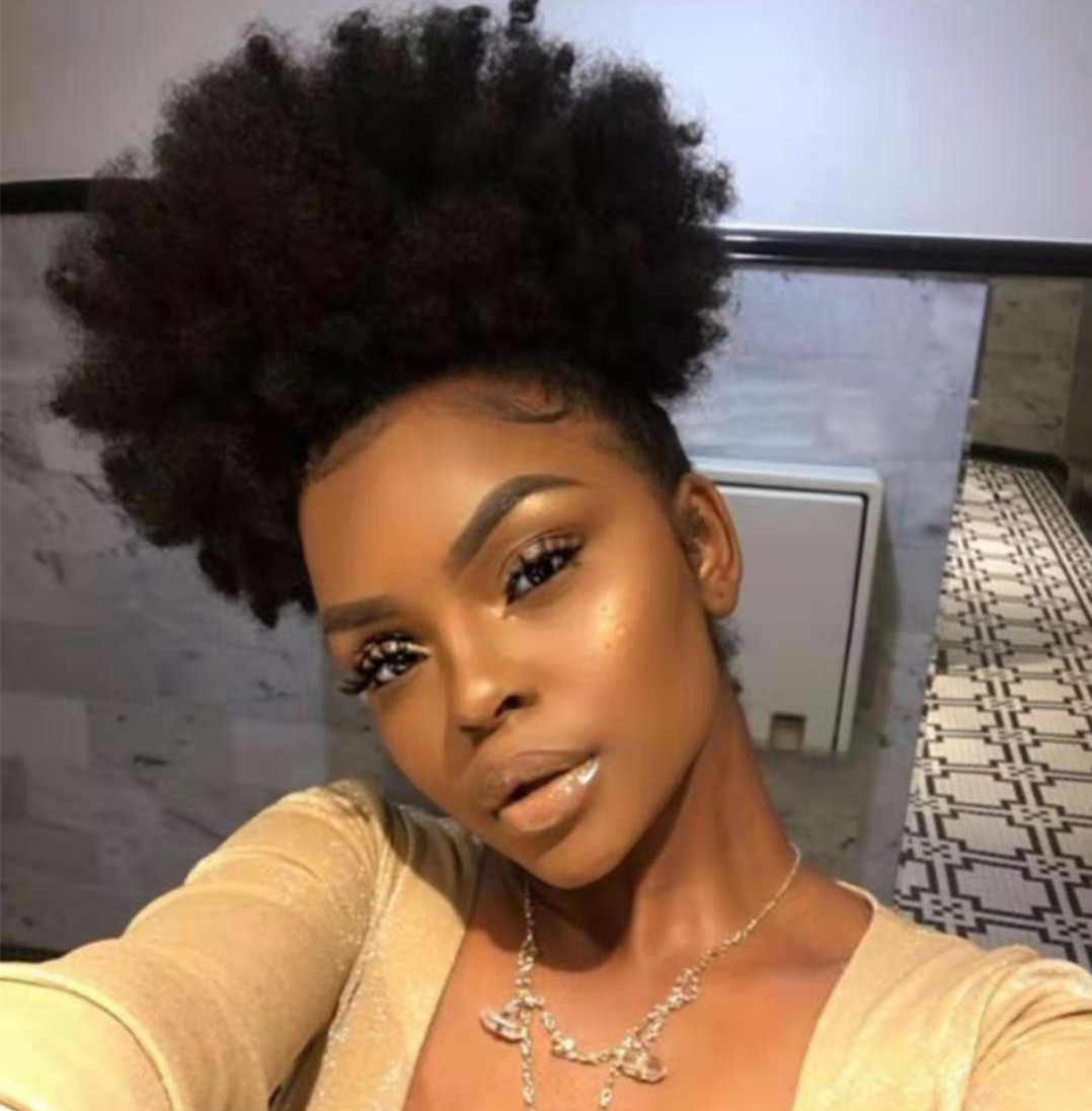 Hot selling top quality human hair ponytail afro kinky curly,Brazilian hair drawstring ponytail african hair puff 120g