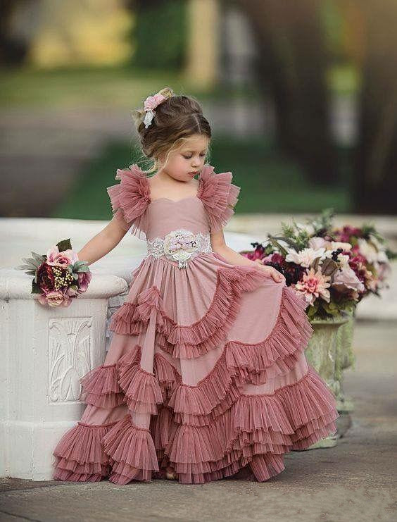 Princess A Line Lace Flower Girl Dresses For Weddings Cap Sleeves Bohemian Tiered Ruffles Girls Pageant Dress Custom Made