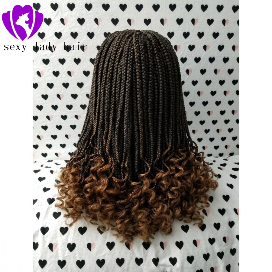 Fashion black women braid style 1/30 ombre brown Braided Wig middle part Box Braids Swiss Lace Front Wig With Curly Ends