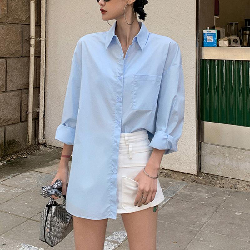 2020 New Pocket Women' White Blouse Women WearTop Long Sleeve Loose Casual Lapel Blue Blouses White Collar Lady Shirt, White backless shirt
2020 New Pocket Women' White Blouse Women WearTop Long Sleeve Loose Casual Lapel Blue Blouses White Collar Lady Shirt, White backless shirt