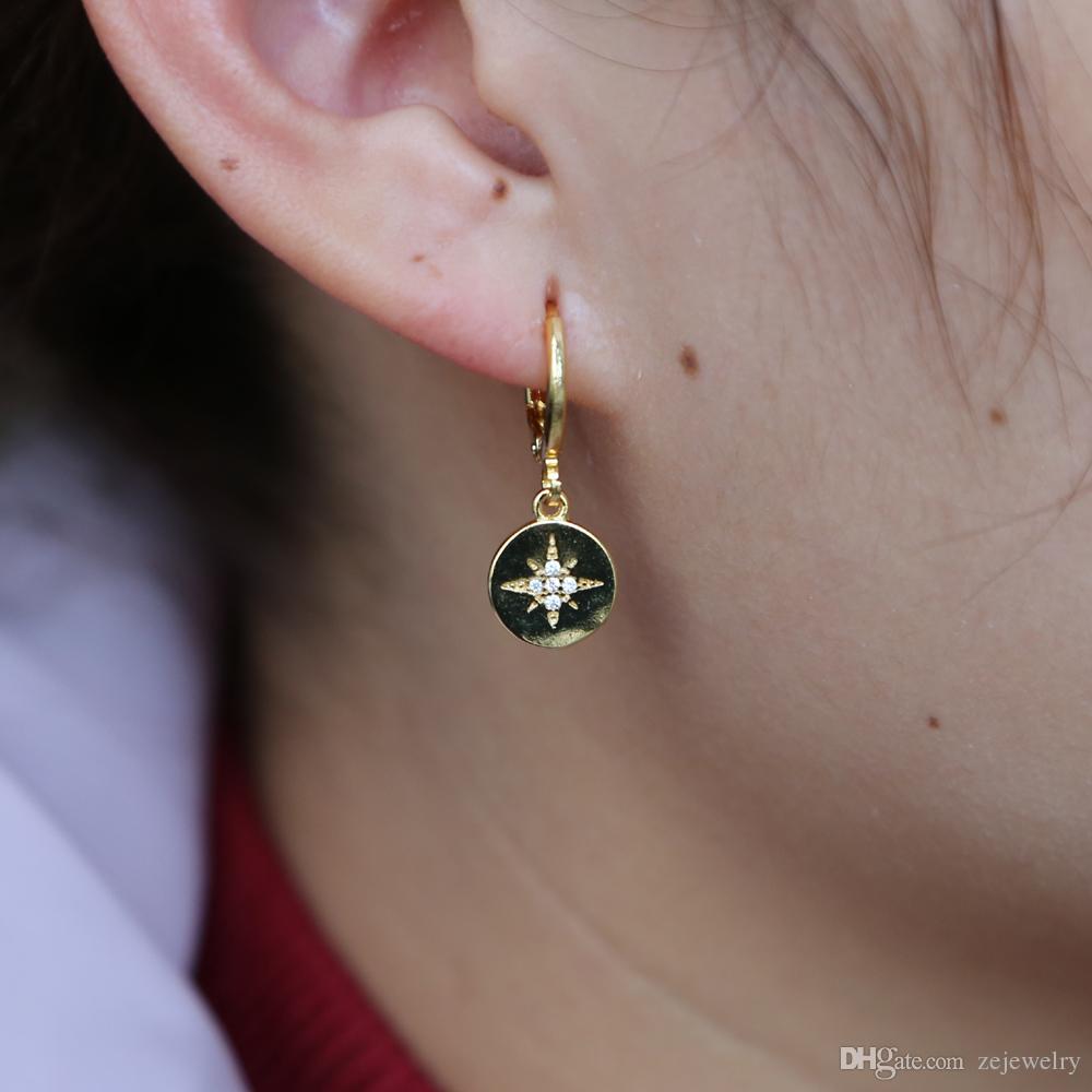 2018 Geometric dangling coin earring gold color engrave north star elegance cute girl women gift for Christmasv