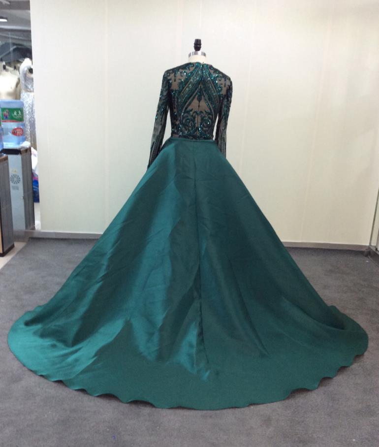 Sexy Green Prom Dresses Mermaid Long With Satin Detachable Train Sequined Long Sleeve Evening Party Formal Gowns Real Photos