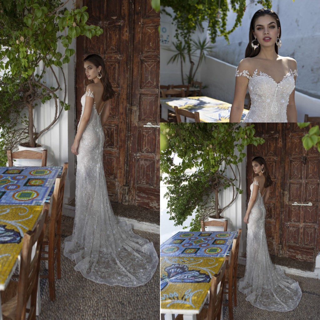 Lian Rokman Mermaid Wedding Dresses Off The Shoulder Sweep Train Lace Appliqued Beach Wedding Dress Sequins Split Backless Robes De Mariée