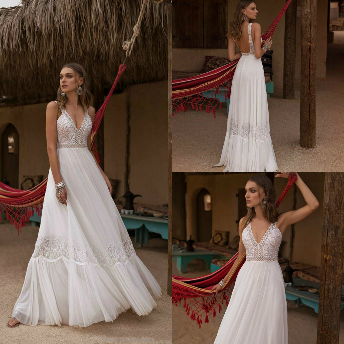 2019 Asaf Dadush Boho Wedding Dresses V Neck Appliqued Beaded A Line Beach Wedding Dress Custom Made Backless Plus Size Bridal Gowns