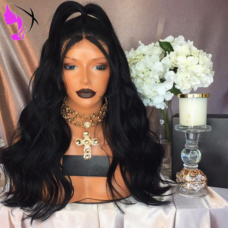 New Body Wave Heat Resistant Fiber 26 inch Side Part Glueless Synthetic Lace Front Wig with side bangs for Black women