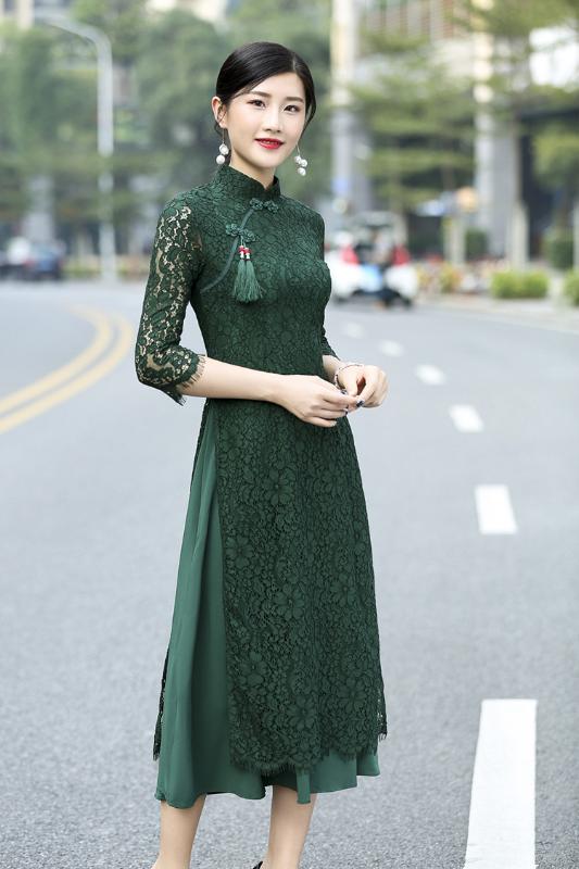 Green lace Vietnam ao dai cheongsam dress