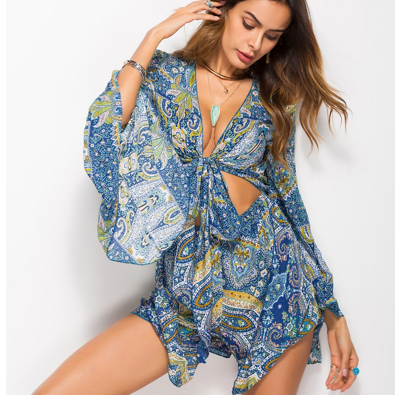 summer women bohemian v-neck jumpsuits tie knot floral print bell sleeves jumpsuits beach overalls, Black;white
summer women bohemian v-neck jumpsuits tie knot floral print bell sleeves jumpsuits beach overalls, Black;white