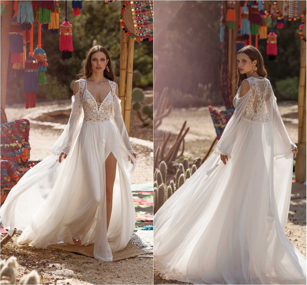 Asaf Dadush 2020 Split Wedding Dresses With Wrap Lace Appliqued Beach Spaghetti V Neck A Line Bridal Gowns Vestido De Novia