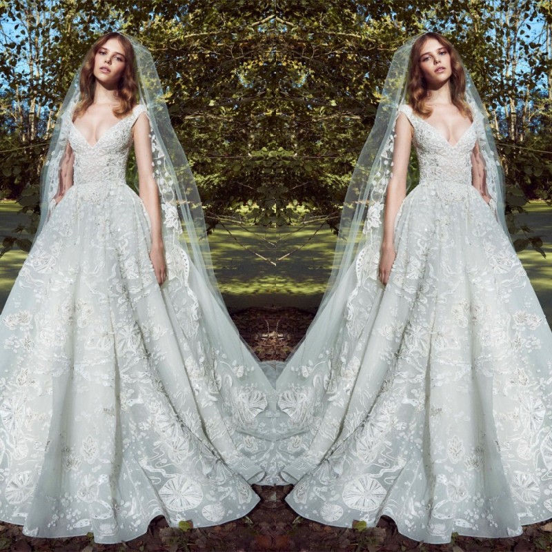 Zuhair Murad 2020 New Wedding Dresses V Neck Full Lace Appliqued Boho Beach Bridal Gowns Sweep Train Garden Wedding Dress
