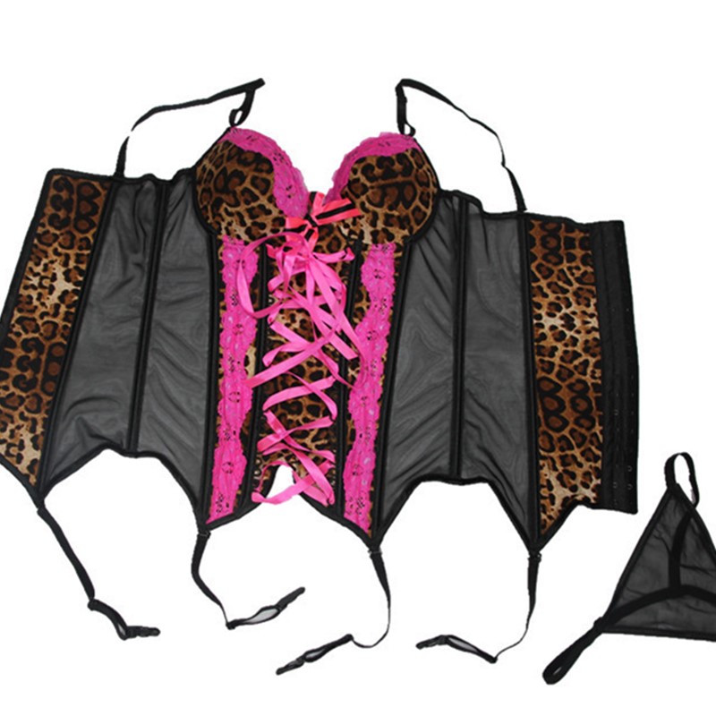Women Gartered Push-up Bra Fashion Leopard Lace-up Front and Side Mesh 8pcs Plastic Fully Boned Bustier with Thong Set Sexy Lingerie Corset