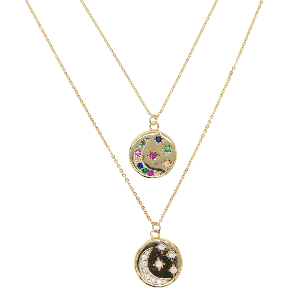 round disco coin necklace gold plated engraved white rainbow cz moon star shooting star design fashion necklaces