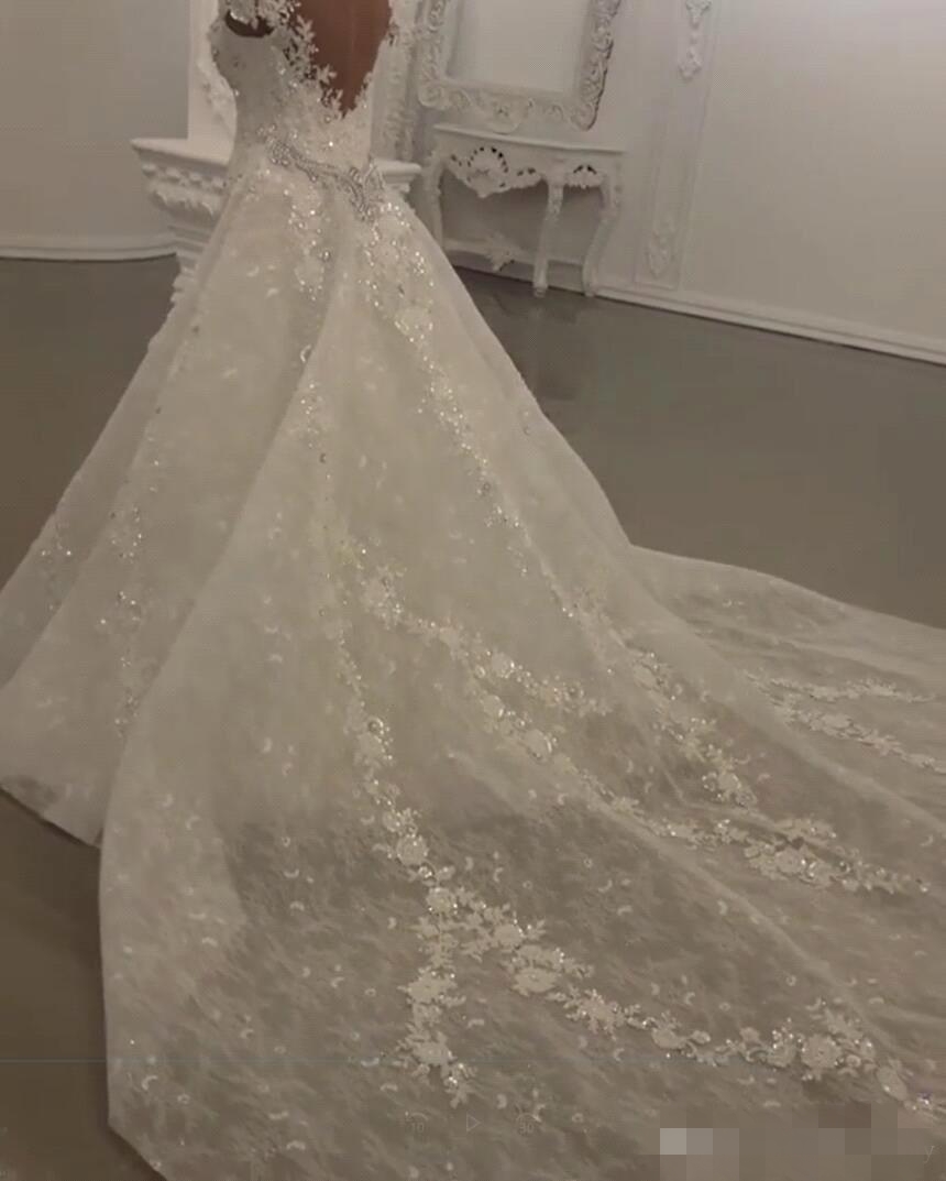 A-e Mor Dresses Beading with Overskirt Pluning V Neck Sweep Train Lace Applique 2019 Custom Made Wedding Gown