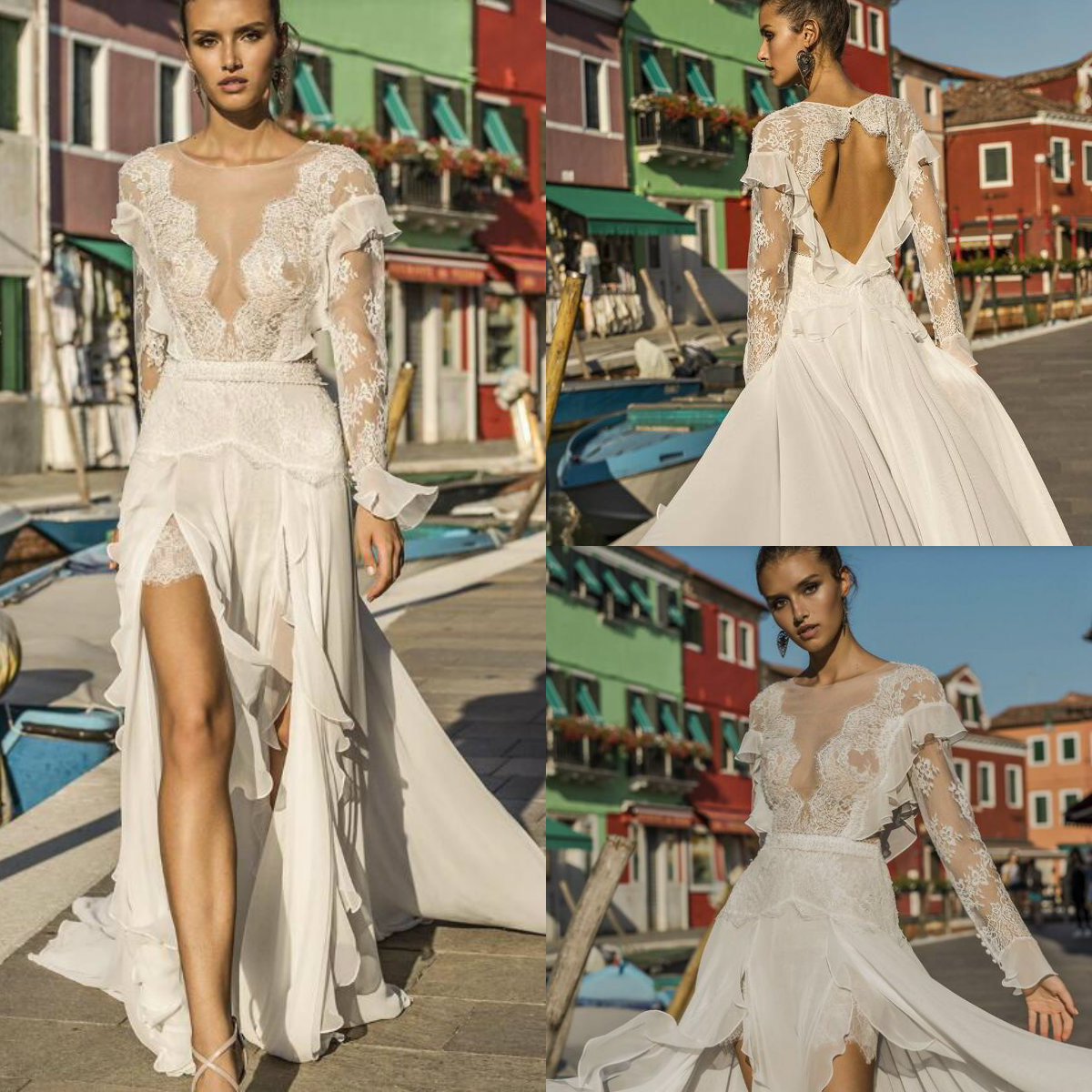 2019 Beach Wedding Dresses Lace Appliqued Jewel Neck Side Split A Line Boho Wedding Dress Sweep Train Long Sleeve Backless Vestidos De Novia