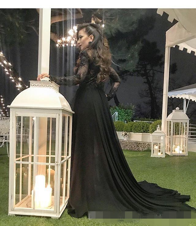 Sexy Black Jumpsuit Prom Dresses Plunging V Neck Long Sleeves Chiffon Train Lace Sequins Custom Made Celebrity Evening Party Gown