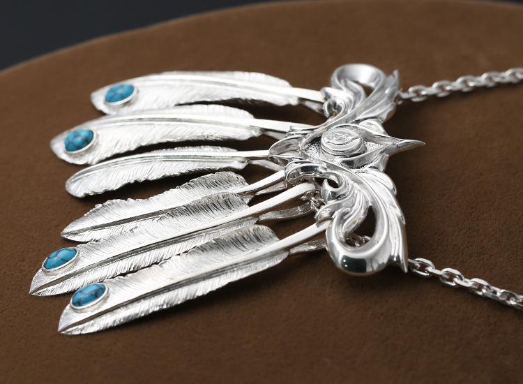 Brand new 925 sterling silver jewelry vintage Japanese style antique silver hand-made designer feather pendants necklaces for men