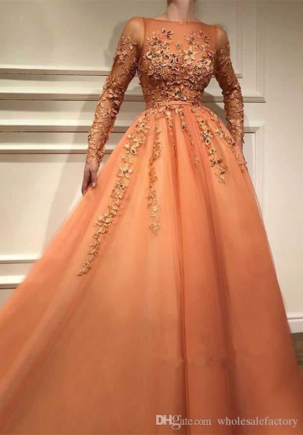 elegant long sleeves evening dresses sheer bateau neck applique beaded formal prom dress long floor length party pageant gowns